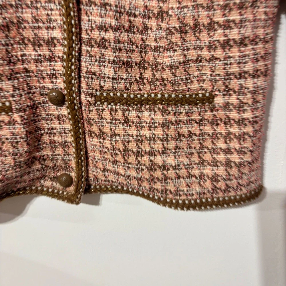Isaac Mizrahi Live Womens‎ Pink Brown Houndstooth Tweed Jacket Gold Trim Size M